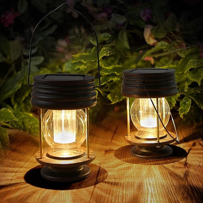 pearlstar Solar Lanterns Outdoor Waterproof Hanging Solar Lights with Handle for Garden Patio Yard Backyard Pathway Porch Driveway Decoration, Outside Table Lamp,2 Pack 5.5" H (Warm White)