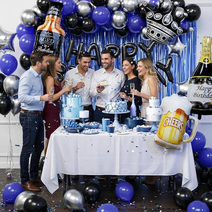 Blue and Black Happy Birthday Decorations for Men with Happy Birthday Banner, Fringe Curtains, Birthday Foil Balloons Kits for 21st,25th 27th 30th 35th 40 50 60th Birthday Party Decorations