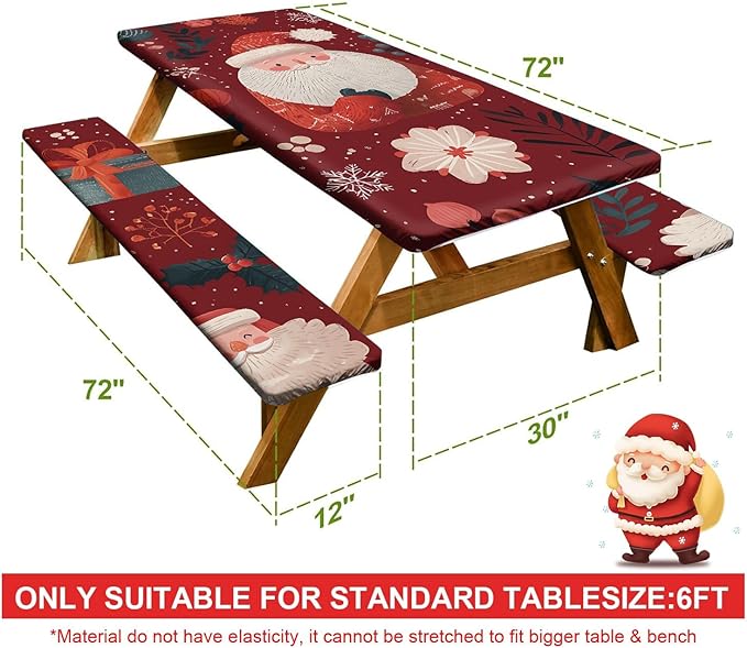 Picnic Table Cover with Bench Covers Set of 3, Elastic Fitted Tablecloth for 6 Foot Tables, Washable Polyester Tablecloths for Camping, Indoor & Outdoor