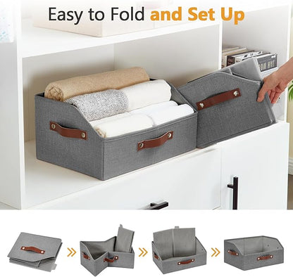 Bagnizer Closet Organizers and Storage, Linen Trapezoid Storage Bins with Handles, Collapsible Shelf Organizer for Blanket, Towel, Clothes, Hats, Purse (Gray)