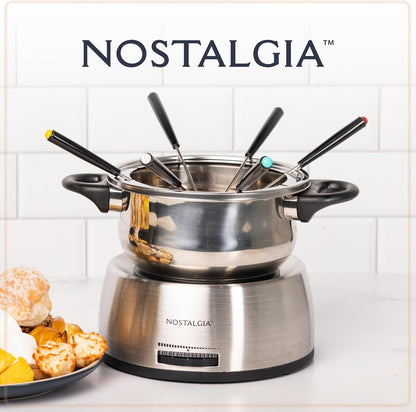 Nostalgia 6-Cup Electric Fondue Pot Set for Cheese & Chocolate - 6 Color-Coded Forks, Temperature Control - Stainless Steel Kitchen Gadgets and Appliances for Hors d'Oeuvres and More - Stainless Steel