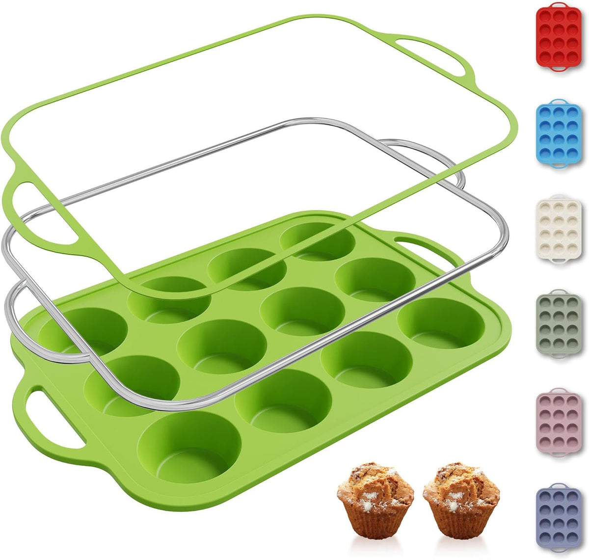 12 Cups Silicone Muffin Pan with Metal Reinforced Frame Regular Size Cupcake Pan Tray Egg Bites Silicone Circle Cookie Molds Muffin Tin Tart Pans