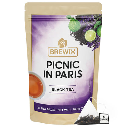 Brewix, Earl Grey with Lavender Tea, Picnic in Paris Black Tea (25 Pyramid Tea Bags), Black Tea with Bergamot, Lavender and Vanilla Notes, Gourmet Tea