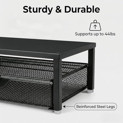 Spacrea Desk Organizer and Accessories, Computer Monitor Stand Riser with Drawer and 1 Open Pen Holder, Printer & Laptop Stand, Office Desk Accessories for Home Office Supplies (Black)