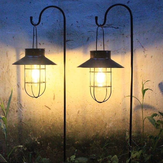 4 Pack Hanging Solar Lantern Lights with Shepherd Hook, Metal Waterproof Warm White Edison Bulb Lights for Garden Outdoor Pathway