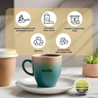 InfuSio Coffee Pods 96 Count - Bananas Foster Coffee, Medium Roast Flavored Single Serve Pods for Keurig K Cups Brewers