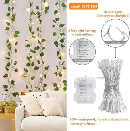 CEWOR 14 Pack 98ft Fake Ivy Vines, Artificial Ivy Garland with 100 LED String Lights, Hanging Plants Greenery Backdrop Green Leaves for Bedroom Room Wall Decor Wedding Party Table Decoration