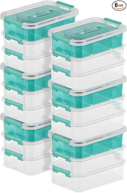 Sterilite 6 Pack Plastic Storage Box Container, 3 Layer, Stack and Carry, Clear/Blue