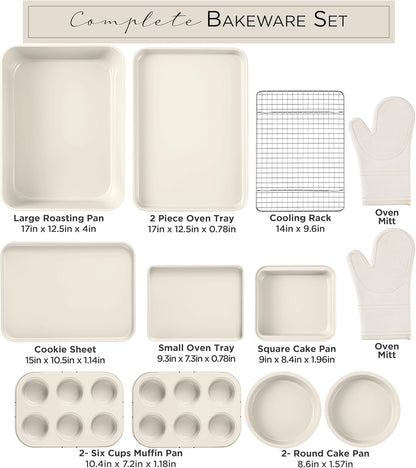 Country Kitchen Nonstick Stackable Bakeware Set - Deluxe Heavy Duty, Durable, Easy Release Baking Set, Cream, 13 Pcs