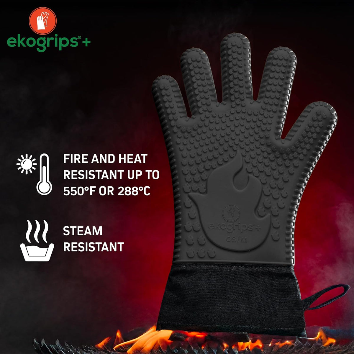 Ekogrips+ Premium Silicone Oven Mitts - Comfy, Waterproof, Heat Resistant BBQ Gloves for Grilling, Long Cuff for Added Protection, 5 Finger Dexterity