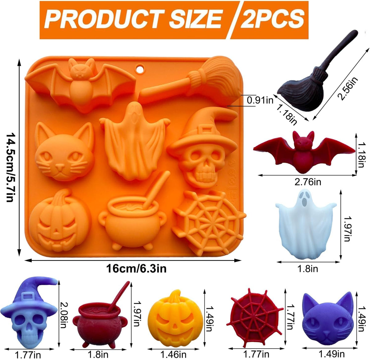 2 Pack Halloween Chocolate Candy Silicone Mold Halloween Molds Ghost Pumpkin Bat Skull Witch Hat Gummy Fondant Baking Mold for DIY Ice Cube Sugar
