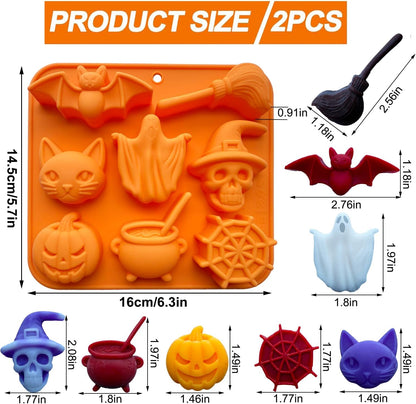2 Pack Halloween Chocolate Candy Silicone Mold Halloween Molds Ghost Pumpkin Bat Skull Witch Hat Gummy Fondant Baking Mold for DIY Ice Cube Sugar
