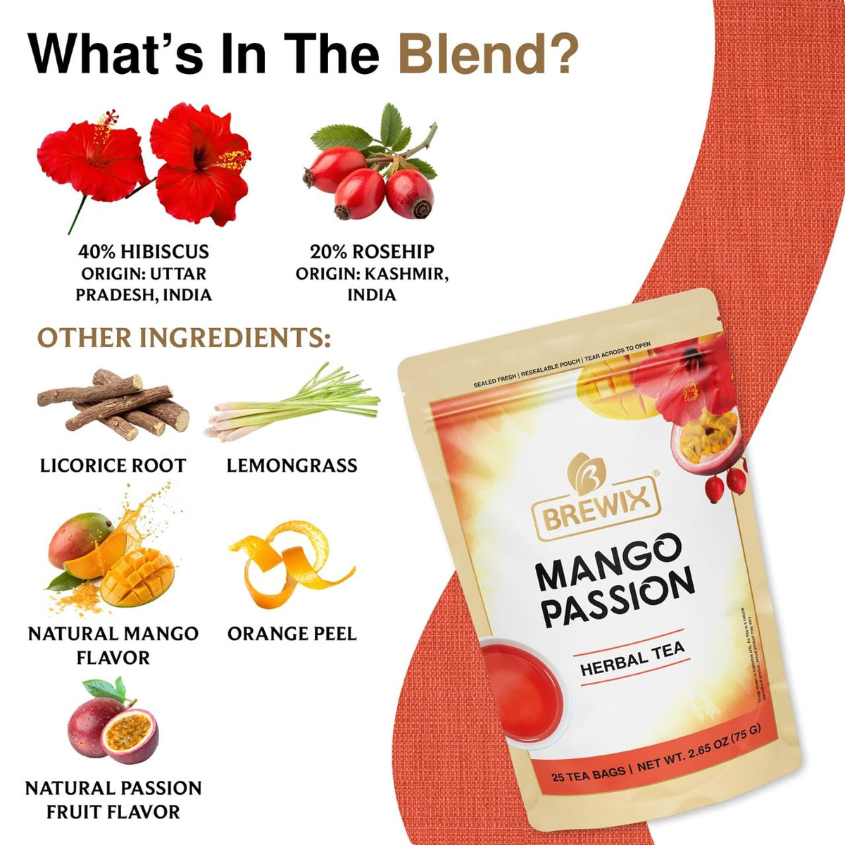 Brewix, Mango Passion Fruit Herbal Tea Bags – 25 Plant-Based Pyramid Bags, Iced or Hot, Hibiscus, Citrus Peel, Lemongrass