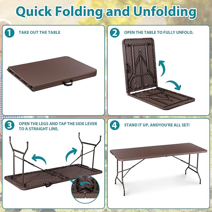 SUPER DEAL 6FT Folding Table for Indoor Outdoor, Portable Heavy Duty Fold-in-Half Plastic Dining Picnic Party Camping Table with Carrying Handle, Brown