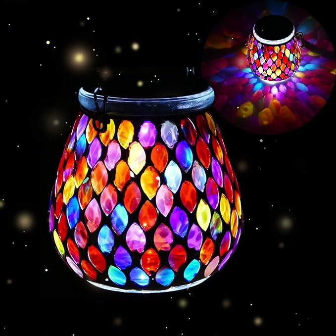 Mosaic Red Solar Lanterns, Outdoor Glass Hanging Lights, Waterproof, Solar Table Lamps, Christmas Gifts for Women Mom Grandma, Night Lights, Decoration for Garden, Patio, Yard, Party, Outdoor Decor