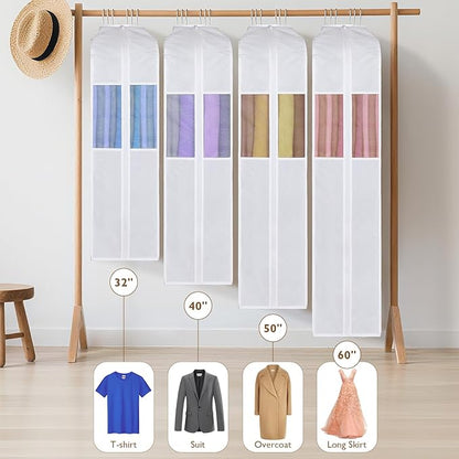 Univivi Premium Cotton Garment Bags for Hanging Clothes and Storage, 40 Inch Washable Suit Cover Bag with Extra Large 10" Gusset & Clear Window - Perfect for Suits, Coats, Jackets - 4 Pack
