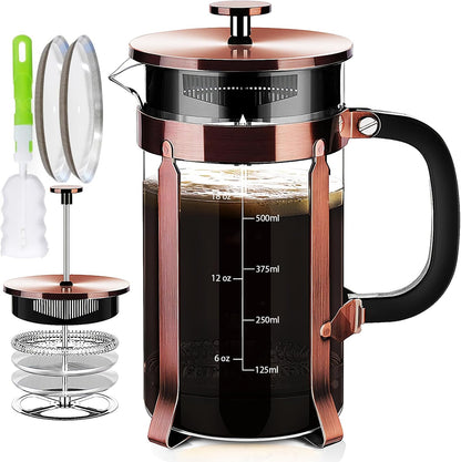 French Press Coffee Maker 304 Stainless Steel Coffee Press,with 4 Filters System, Heat Resistant Thickness Borosilicate French Press Glass, BPA-Free Brewed Tea Pot Coffee Plunger(Copper 12oz)