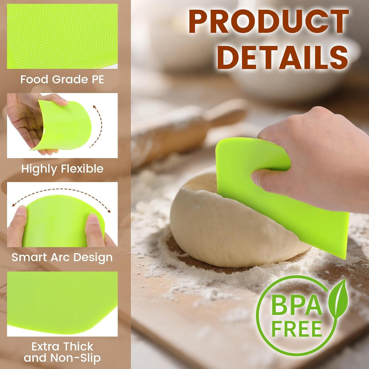 Schvubenr Premium Dough Scraper Set with 2 Flexible Bowl Scrapers - Stainless Steel Dough Cutter & Bench Scraper with Measuring Scale