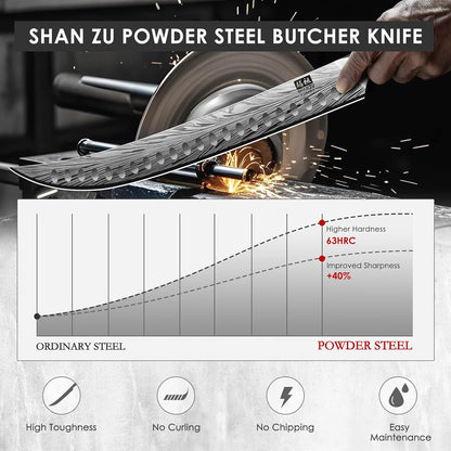 Shan ZU Butcher Knife in High Carbon Powder Steel, 12 Inch Brisket Knife for Meat Cutting, Carving and Slicing Knives with Ergonomic Pakkawood Handle