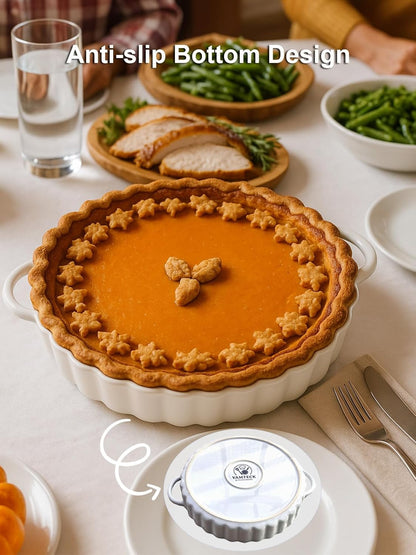 10×2in Deep Ceramic Pie Pan with Handles for Pie Quiche Tart Baking. Easy to grip, Lead-Free