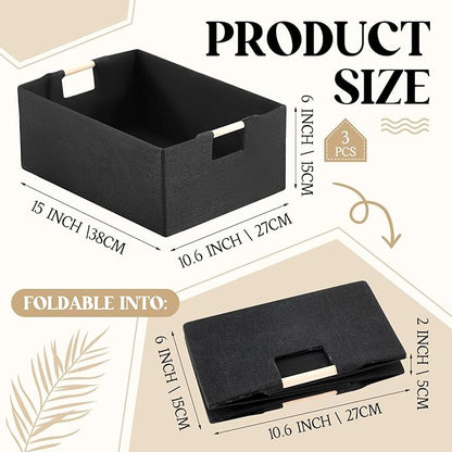 Cinnvoice 3 Pack Fabric Storage Bins for Closet Shelves, Rectangle Wardrobe Organizer with Handle, Collapsible Shelves Storage Basket for Sorting Clothes and Toy (Black,15 x 10.6 x 6 Inch)