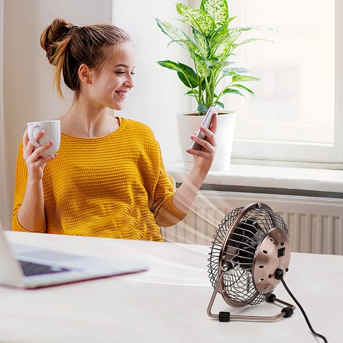 xasla 4 Inch Small USB Desk Fan, Mini Quiet Fan with Metal Construction & Strong Airflow & 360°Adjustable Tilt Angle, Personal Cooling Fan for Desktop Office (Bronze)