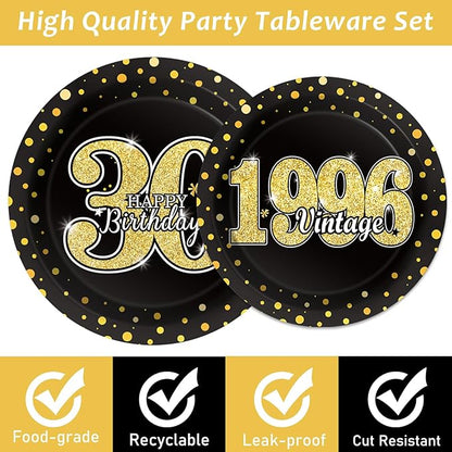 96PCS 30th Theme Birthday Party Tableware Vintage 1996 Party Supplies 30 Year Old Birthday Decorations Plates Napkins Forks Black and Gold Dinnerware Favors for Men or Women