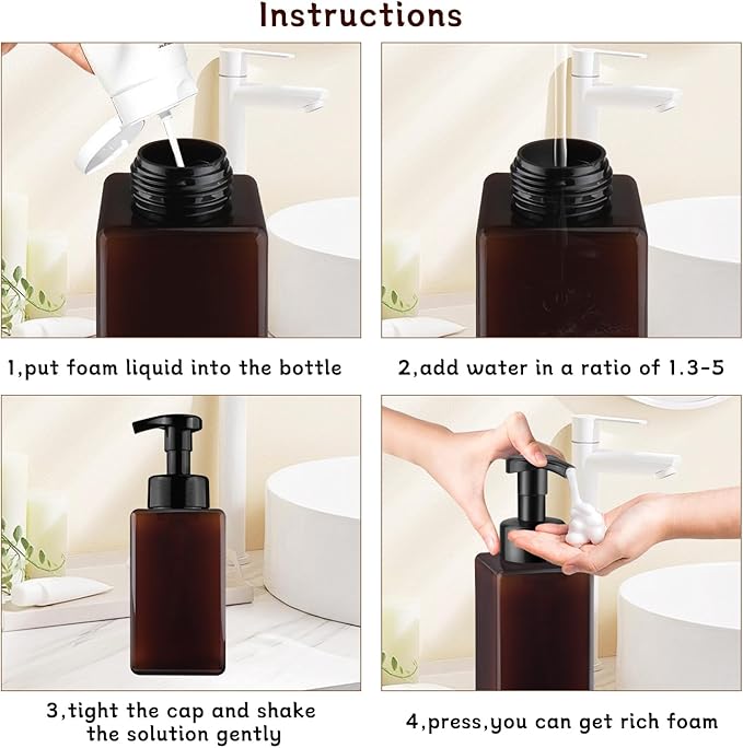 3 Pack Foaming Soap Dispenser Empty Plastic Foam Pump Bottle Refillable Foam Soap Bottle Dispenser for Shampoo Liquid Soap Face Wash (Brown, 450ml/15oz)