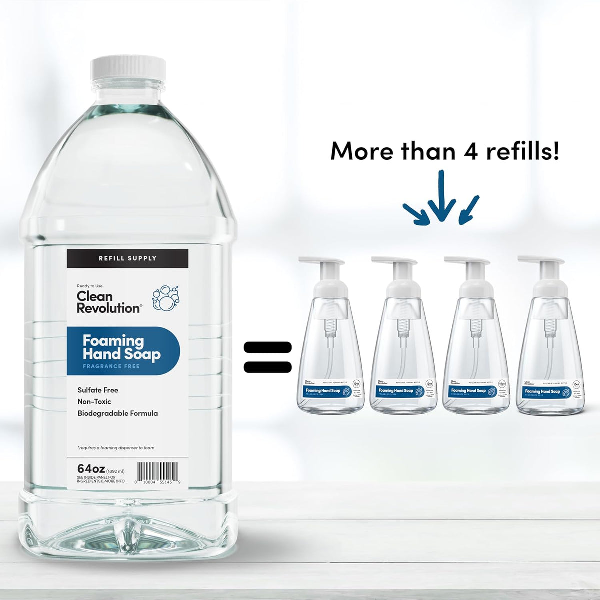 Clean Revolution Foaming Hand Soap Refill Supply Container, Ready to Use Formula, Fragrance Free, 64 Fl Oz (Pack of 1)