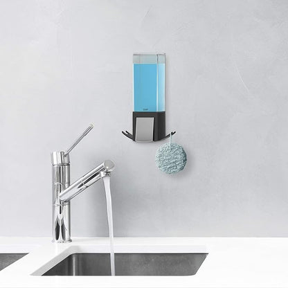 Compactor Wall Mounted Single Soap Pump Dispenser, No Drilling Soap Bottle, 500 ml Capacity with 2 Storage Hooks, 12.1 x 12.1 x 20.6 cm, Durable ABS, Black/Chrome, RAN9654