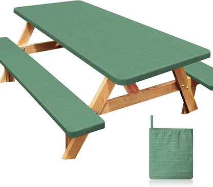 Picnic Table Cover with Bench Covers Windproof Waterproof Picnic Table Covers Camping Tablecloth with Self-Storage Bag, 72in, Sage