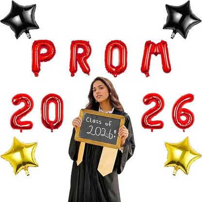 Prom 2026 Balloons Decorations, 16 Inch Foil Letter Number Balloons with 18 Inch Black Red Star Balloons for High School College Graduation Gift Retirement Ins Photo Party Supplies