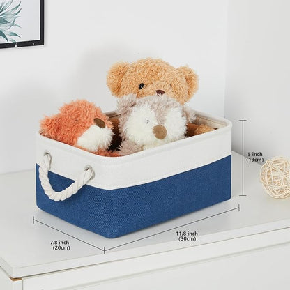 Bidtakay Small Canvas storage baskets with Handles [6 Pack] Navy Blue Fabric Storage Bins 11.8 x 7.8 x 5 inches Decorative storage baskets for Shelves, Closet, Nursery (White&Blue)