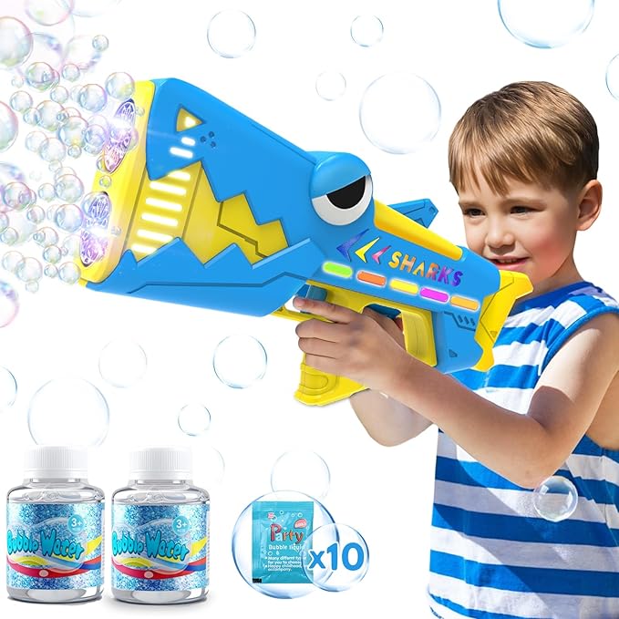 Bubble Gun for Kids Ages 4-8: Shark Light Up Bubble Machine for Toddlers, Rechargeable, 2 Bubble Solution, Outdoor Toy Party Birthday Gift for 3 4 5 6 7 8 Year Old