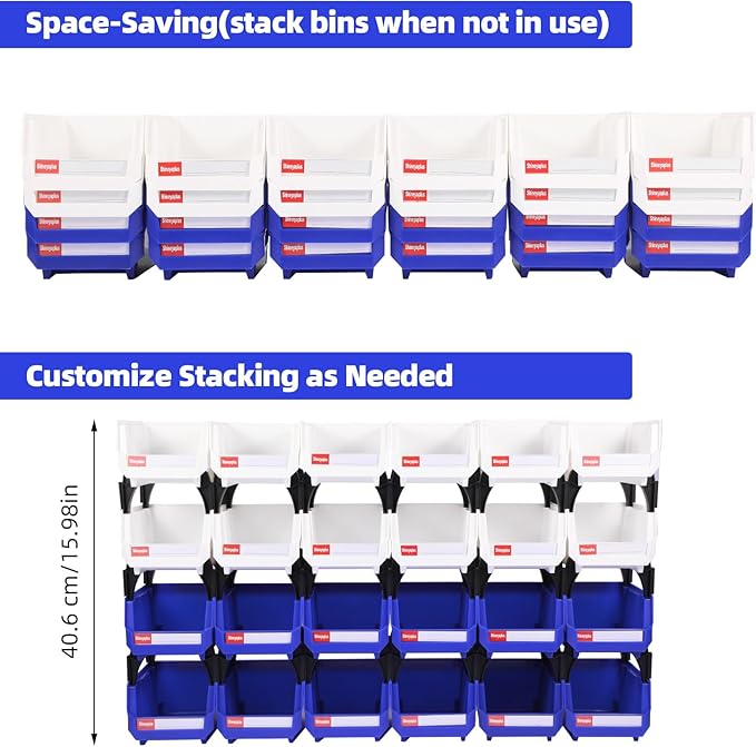 Plastic Storage Bins 24 Packs, Space-Saving Stackable Parts Bins for Garage,Tools, Small Parts Organization Bin-5x4x3 Inch (Blue & White)