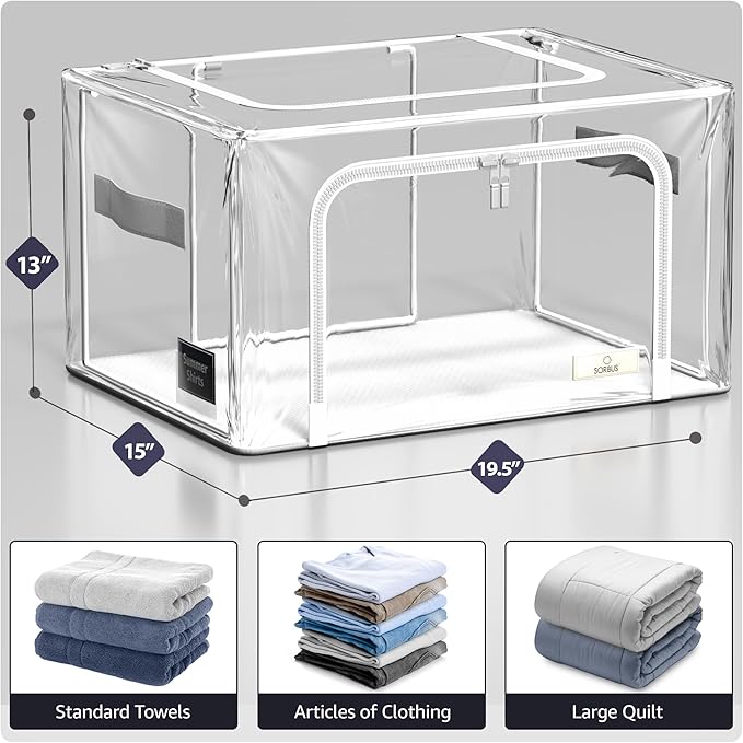 Sorbus Storage Bins with Metal Frame - Stackable & Foldable Clothes Organizer Bags - Clear Soft Plastic Storage Containers (4 Pack, Medium)