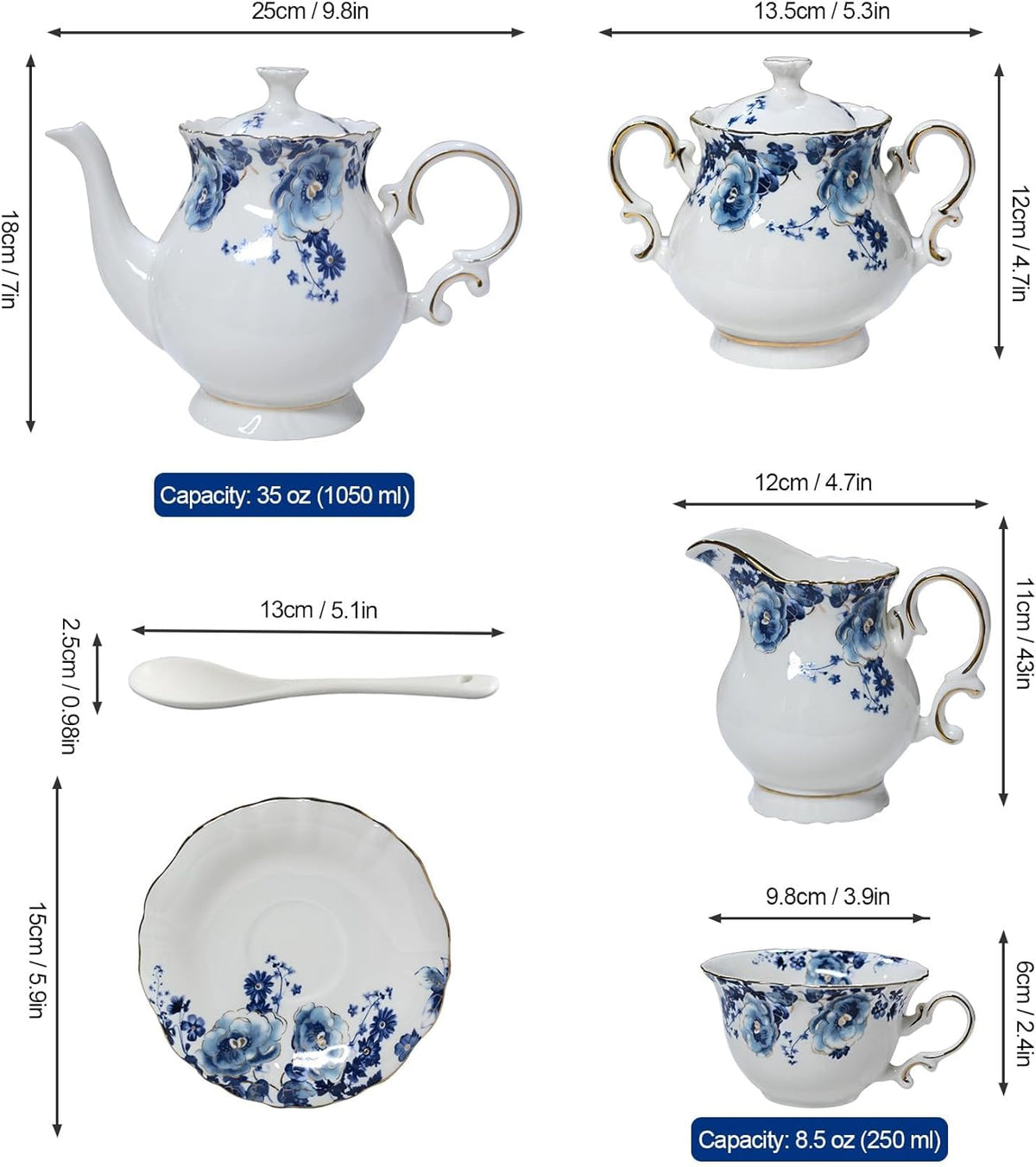 Bone China Tea Set for Adults, 13-Piece Blue and White Porcelain Tea Set for 4, Vintage Floral Tea Set With Teapot and Teaspoons