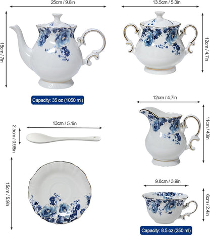 Bone China Tea Set for Adults, 13-Piece Blue and White Porcelain Tea Set for 4, Vintage Floral Tea Set With Teapot and Teaspoons