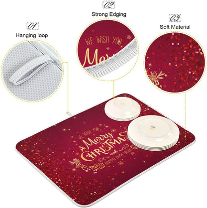Merry Christmas Drying Mat for Kitchen Counter 16x18 Inch Christmas Dish Mat with Absorbent Reversible Microfiber Christmas Dish Drying Mat Dish