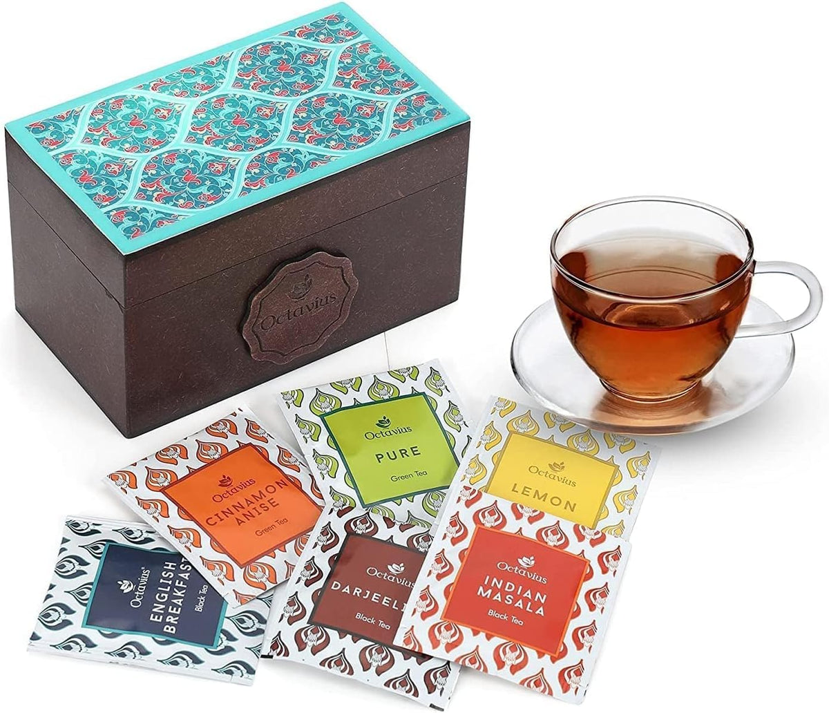 Octavius Assorted Tea Gift Set, 6 Assorted Black & Green Teas, 30 Teabags, Wooden Tea Sampler Pack w/Ornate Floral Design, Pack of 2