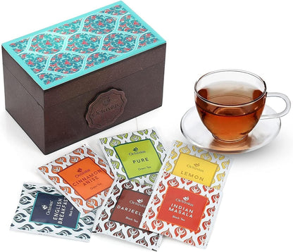 Octavius Assorted Tea Gift Set, 6 Assorted Black & Green Teas, 30 Teabags, Wooden Tea Sampler Pack w/Ornate Floral Design, Pack of 2