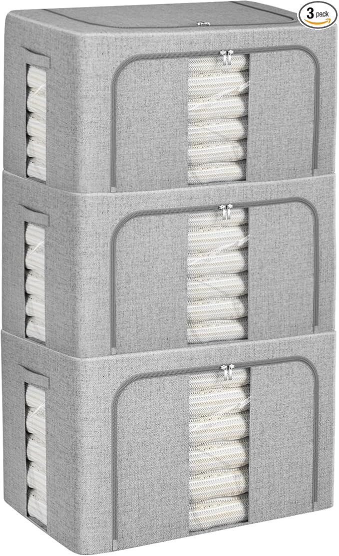 3 Pack Clothes Storage Bins, Foldable Metal Frame Storage Box with Lids,Stackable Linen Fabric Organizer Set with Carrying Handles,Zippers,and Clear Window (Grey, 66L)