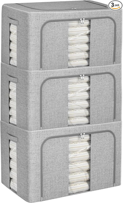 3 Pack Clothes Storage Bins, Foldable Metal Frame Storage Box with Lids,Stackable Linen Fabric Organizer Set with Carrying Handles,Zippers,and Clear Window (Grey, 66L)
