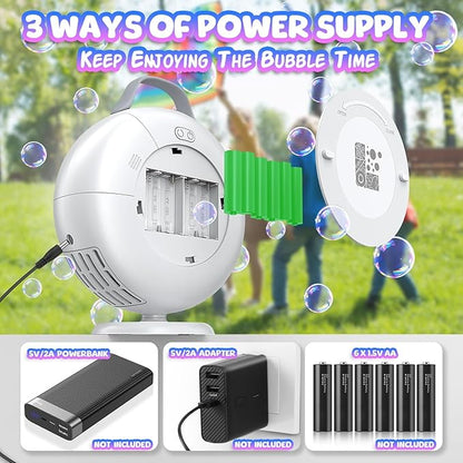 Bubble Machine, Automatic Bubble Blower for Kids Toddlers, 8000+ Bubbles Per Minute, 90° 200° Oscillating Electric Plug-in or Batteries Bubble Maker Toys for Outdoor Birthday Party - Light White