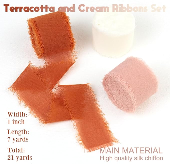Terracotta Chiffon Ribbon 1 Inch x 21Yds Handmade Fringe Chiffon Silk Ribbon Dusty Pink/Cream Frayed Chiffon Ribbon for Thanksgiving Wedding Invitation Flower Bouquets Bridal Shower Gift Wrapping