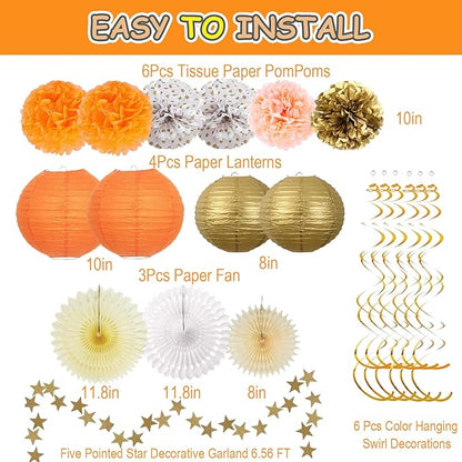 20Pcs Birthday Decorations Paper Fans Lanterns,Fall Party Decorations Pom Poms Flowers,Orange Champagne Gold Bohemian Style Party Decoration for Autumn Girls Women Baby Shower Wedding Thanksgiving