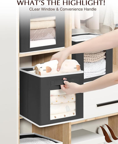 Homsorout Foldable Storage Cubes - Square Organizer with Window, Decorative Baskets for Organizing, Fabric shelf Basket for Clothes, 11 Inch Closet Storage Cubes, Set of 16, Black