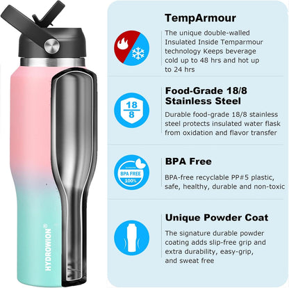 Hydrowion Vacuum Insulated Water Bottle, 40 oz Water Bottle fits in Car Cup Holder (Cold 48 hrs, Hot 24 hrs),Insulated Drinking Bottle with Straw Lid