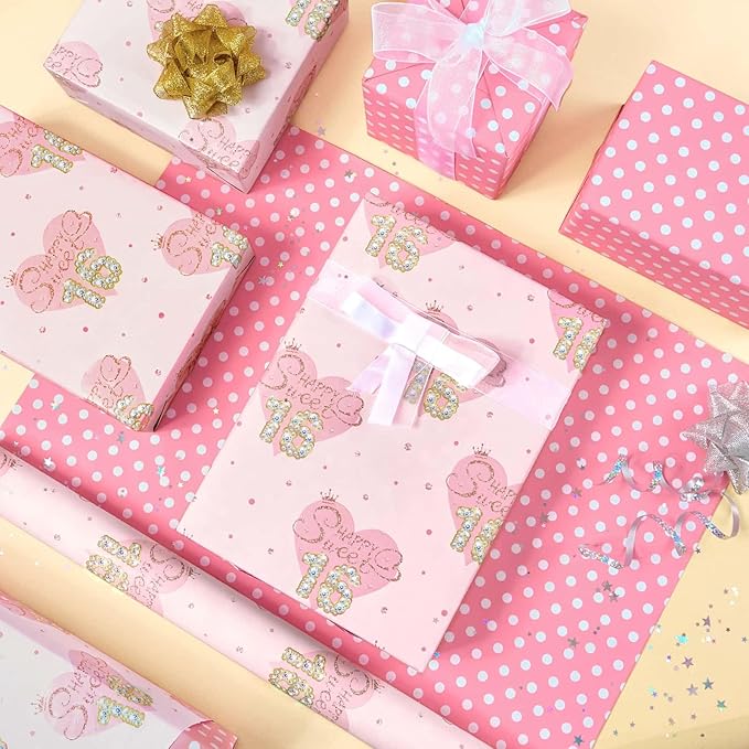 WERNNSAI Sweet 16 Birthday Wrapping Paper - 1 Roll 17”x 33ft Happy Birthday Wrapping Paper Pink Love Heart Gift Wrap for Girls Daughter Granddaughter Friends Sweet Sixteen Gifts Supply