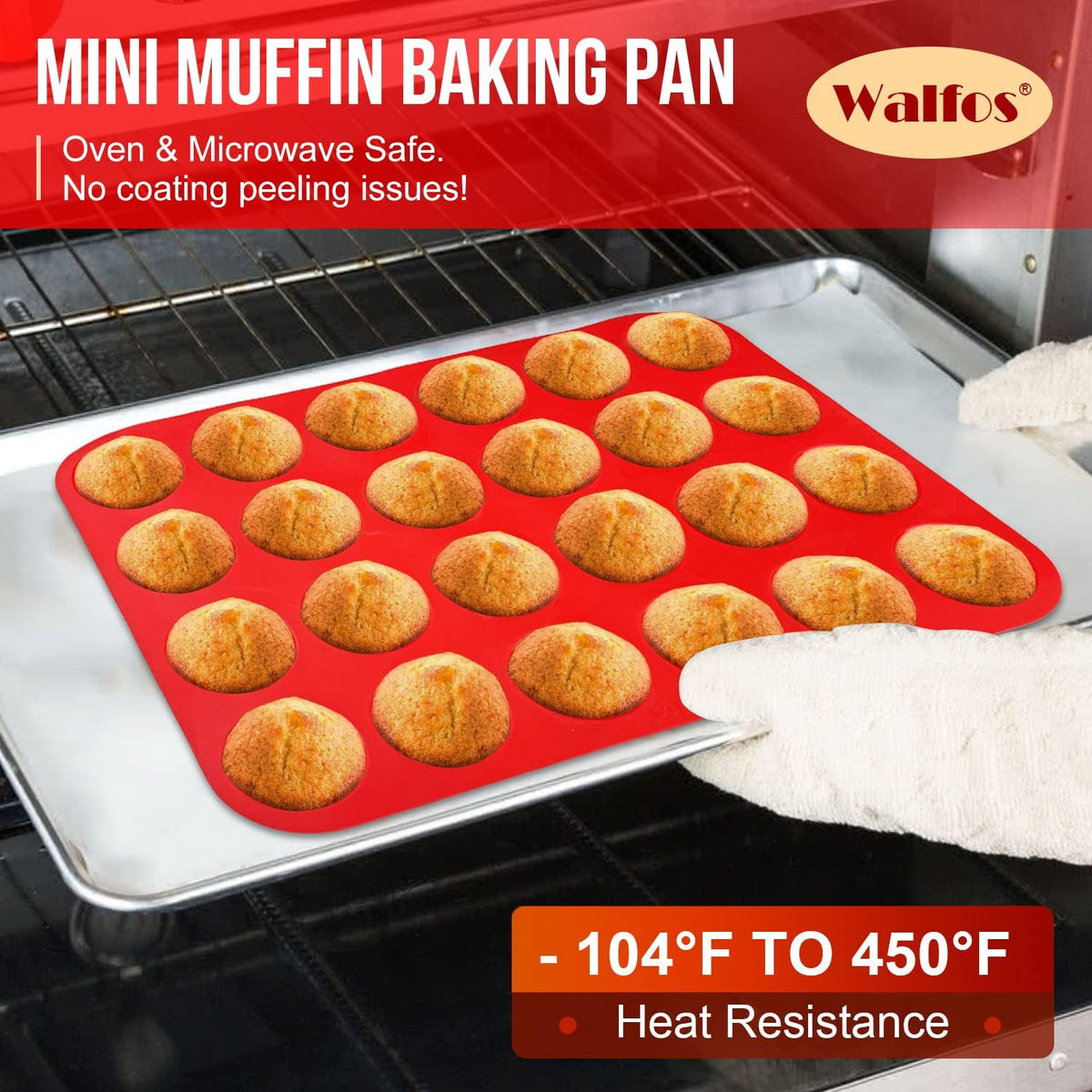 Walfos Mini Silicone Muffin Pan - 24 Cups, BPA Free and Dishwasher Safe, Non-stick Silicone Cupcake Baking Pan, Great for Making Muffin Cakes, Tart